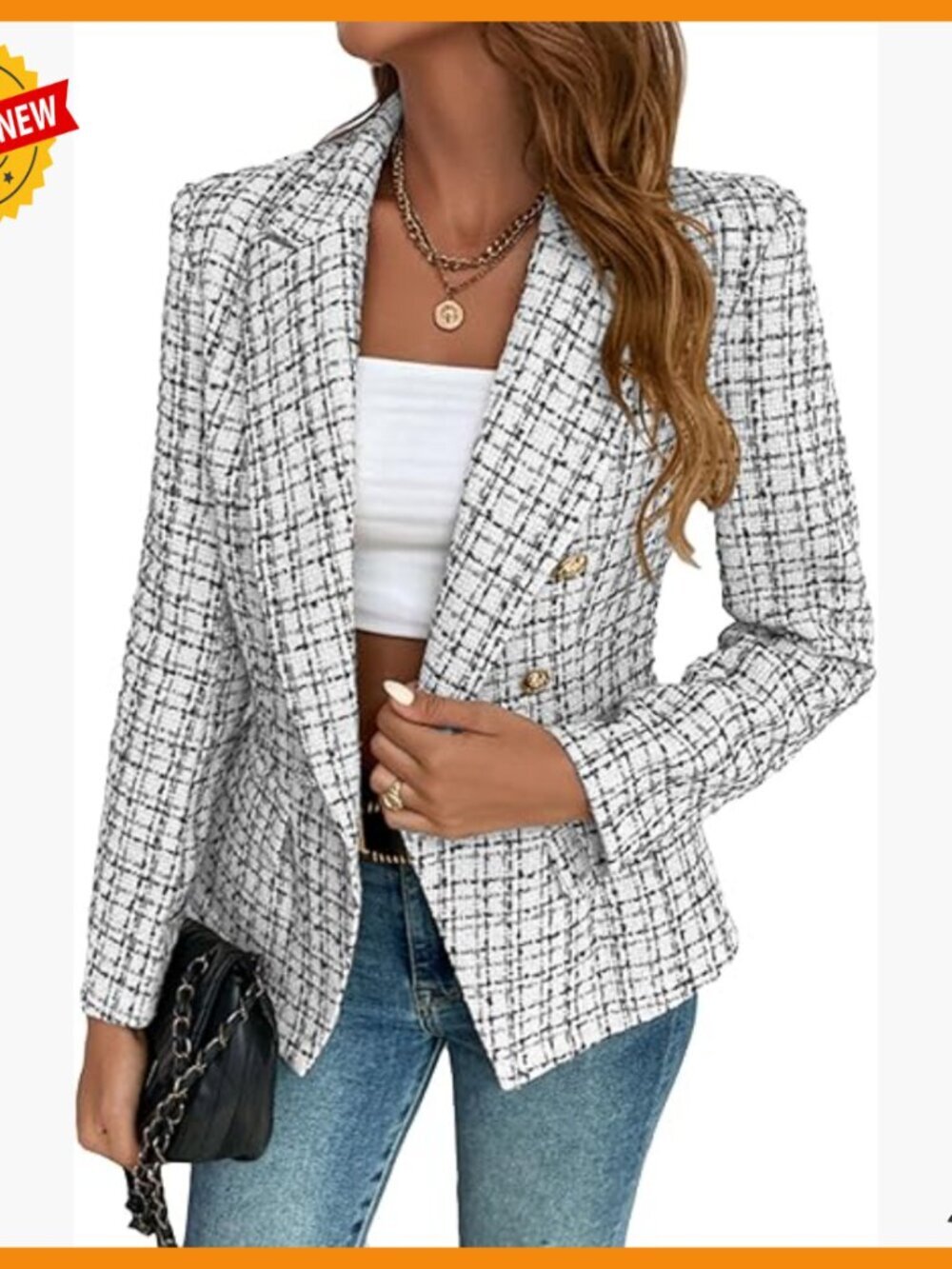 Petite Tweed Blazer Double Breasted Lined Work Jacket with Pockets